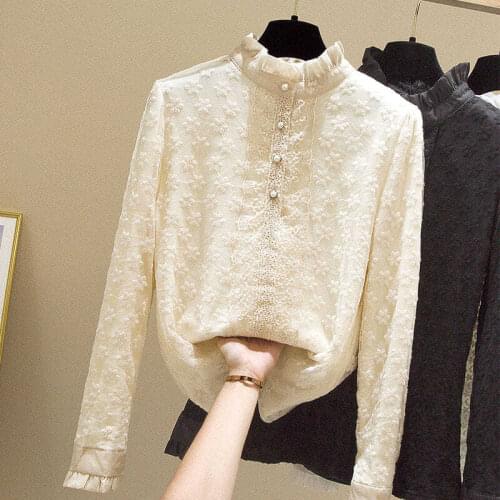 Woman Stand-up Collar Lace Stitching Bottoming Thin Shirt 2021 Female Elegant Style Long Sleeve Blouse Ladies Knit Shirts H997