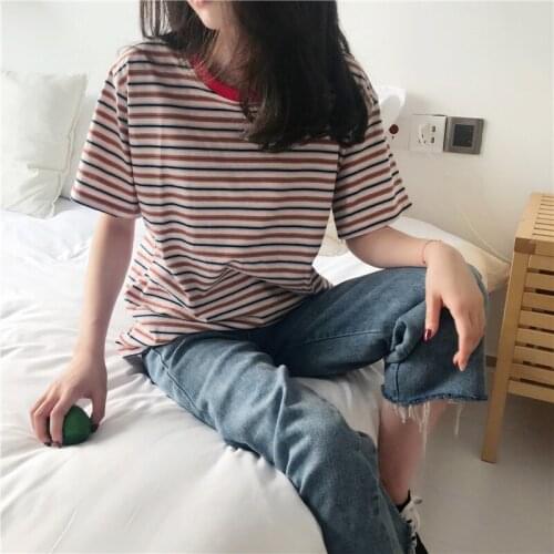 2021 Woman T-shirts Casual Short Sleeve Stripe Color Contrast Tshirts Loose Summer Fashion O-neck Basic Knit Tops