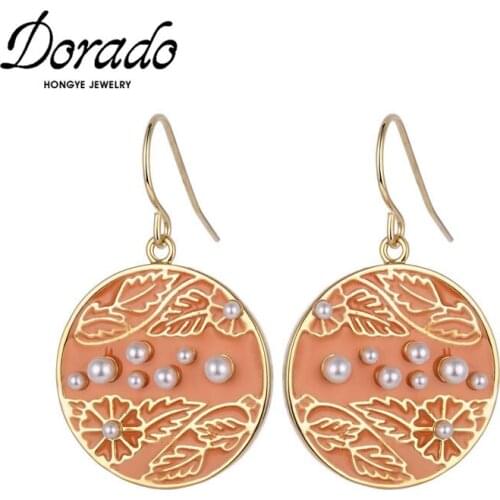 Dorado Imitation Pearls Drop Earrings For Women Orange Lacquer Plant Pattern Round Fashion Brincos 2020 Daily Gifts High Quality