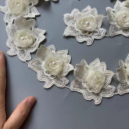 1 Yard Ivory 7 X 6.5cm Rose Pearl Beaded Embroidered Flower Lace Ribbon Trim Floral Applique Patches Fabric Sewing Craft Vintage