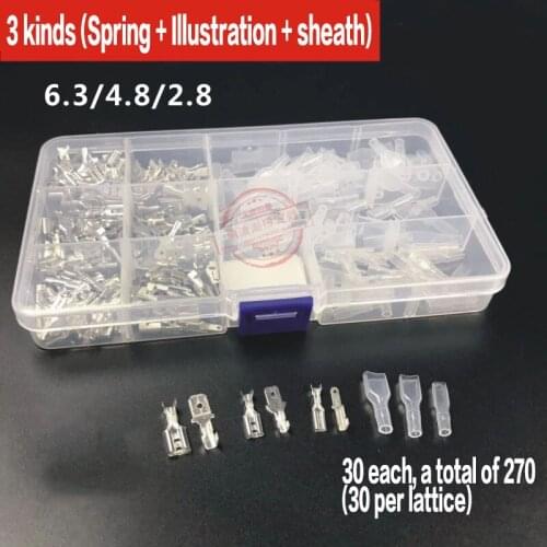 270pcs/pack 6.3 /4.8 /2.8 Plug spring + insert + sheath 30sets each Crimping Terminal Butt Connector
