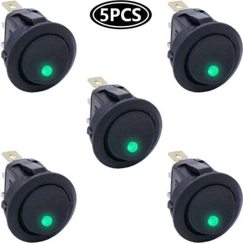 5Pcs 3 Pin 12V 20A Amps Car Truck Rocker Round Toggle LED Switch On-Off Control Green