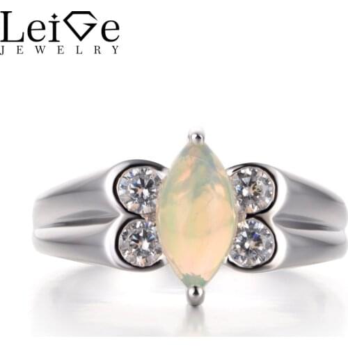 Leige Jewelry Opal Proposal Ring Natural White Opal Ring Marquise Cut White Gemstone 925 Sterling Silver October Birthstone Ring