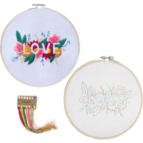 DIY Flower Embroidery Kit Flower Love Pattern Printed Cross Stitch Needlework Sewing Art Painting Embroidery Hoop Creative Gift