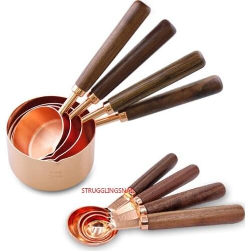 4Pcs/Set Rose Gold Stainless Steel Measuring Cups And Measuring Spoon Scoop Set Wooden Handle Kitchen Measuring Tool For Baking