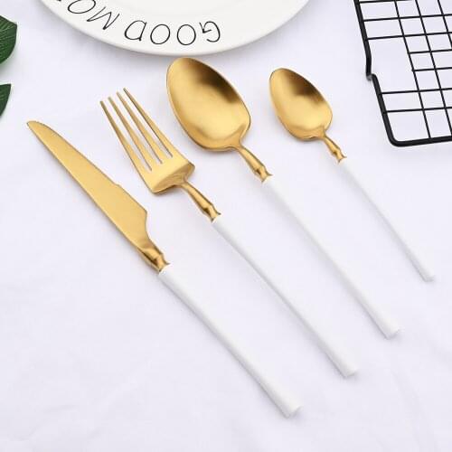 4Pcs Matte White Gold Dinnerware Cutlery Set 18/10 Stainless Steel Tableware Fork Tea Spoon Knife Silverware Kitchen Flatware