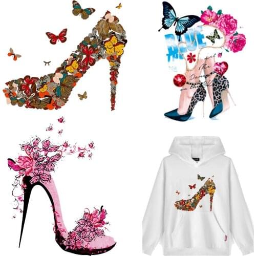 Butterfly flower high heels stickers iron-on transfers for clothing heat iron on transfer patches on clothes women jacket patch