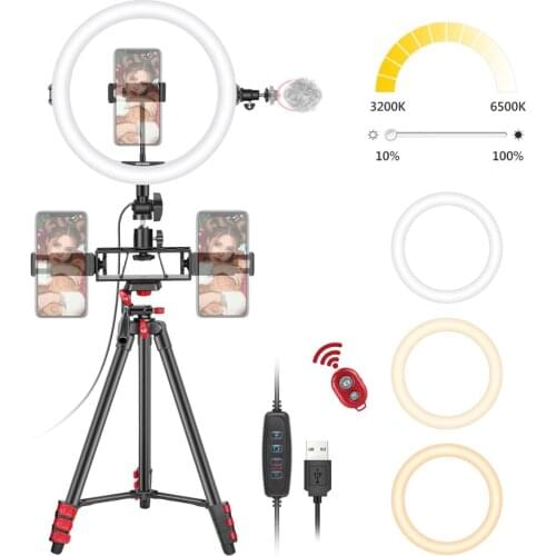 Neewer 10-Inch Selfie Ring Light with Tripod Stand, 3 Phone Holders, LED Ring Light with Soft Tube & Remote Kit: 3 Mode lights