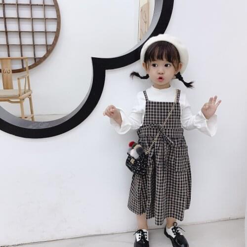 2-9 Years Kids Sets Casual Solid Color Long Sleeve Shirt Korean Plaid Sling Dress Toddler Girls Clothing Suits 2020 Spring New