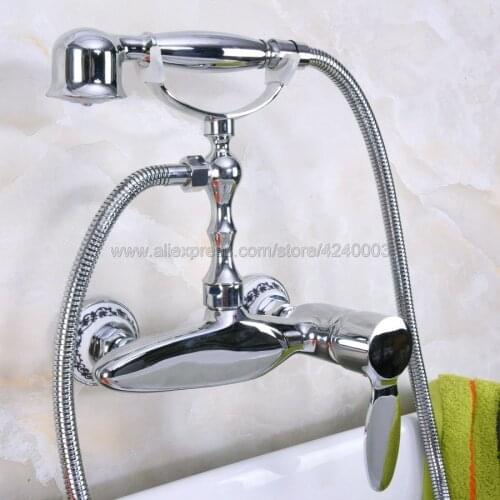 Polished Chrome Wall Mounted Bathroom Faucet Bath Mixer Tap With Hand Shower Head Shower Faucet Kna178