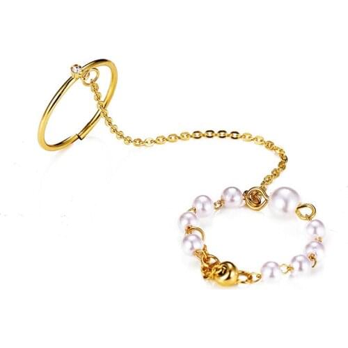 Simple Gold Color Alloy Chain Ring for Women Girls Imitation Pearls ndex Finger Ring Wedding Engagement Fashion Jewelry Gift