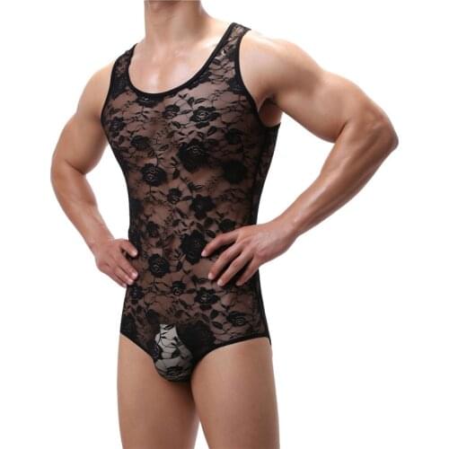 Sexy Mens Vests Bodysuits Sexy Onesies Lace See Through Underwear One-Piece Leotard Wrestling Singlet Jumpsuit Male Gay Rompers