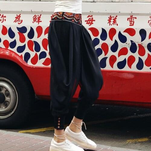 Women Autumn Spring National Trend Casual Loose Black Harem Pants Ladies Indian Totem Embroidery Chiffon Patchwork Trousers