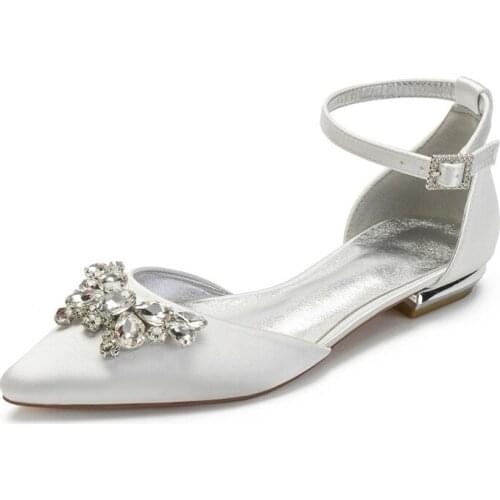 2020 Rhinestones Wedding Flats for Bride Pointed Toe Ankle Buckle Strap Satin Formal Prom Evening Wedding Party Dress Flat Shoes