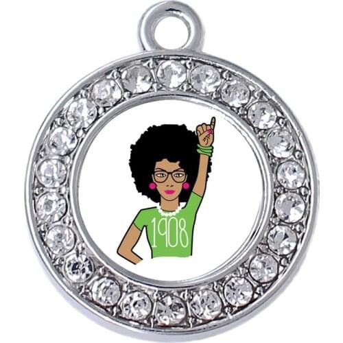 University pink green sorority ALPHA society African women gesture pattern rhinestone mirror metal charm