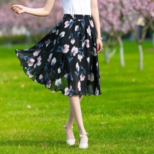 Flowing Chiffon Skirts For Ladies Girls Summer Versatile Midi Skirt Floral Print Vintage Fairy Cute Knee-Length Semi Skirts Soft