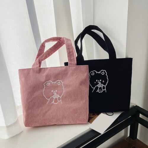 Women Corduroy Shoulder Bag Cartoon Bear Reusable Shopping Bags Ladies Casual Large Capacity Eco Grocery Totes Female Handbags