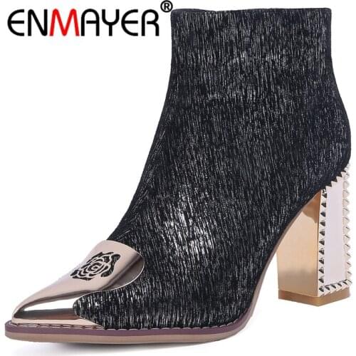 ENMAYER Ankle boots Shoes Woman High Heels Pointed Toe Winter Boots Solid Motorcycle Boots Thick Heels Size 34-42 Metal CR1679