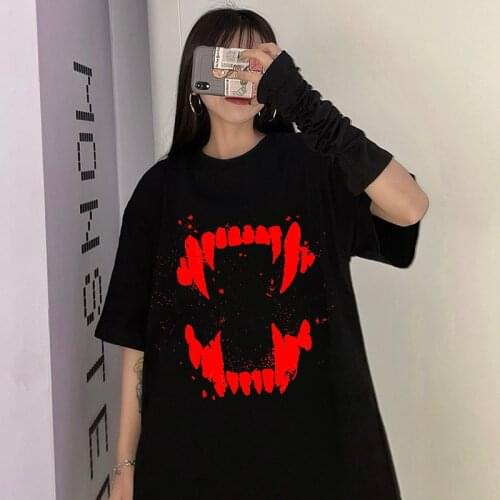 Gothic Emo Dark Tooth Print Women T-Shirts Harajuku Girl Punk Short-Sleeved Clothes Summer Graphic T-Shirt Anime Streetwear Top