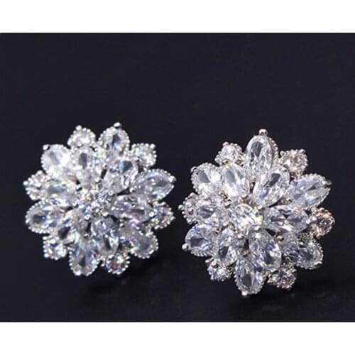 New Fashion Silver Color Full Cubic Zirconia Flowers Stud Earrings For Women Luxury Bride Party Jewelry Gifts