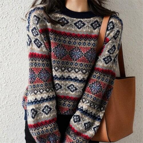Womens Thick Vintage Sweater Loose National Style Knit Pullovers Bottom Shirt Autumn Winter New Round-neck Sweater Indie Folk