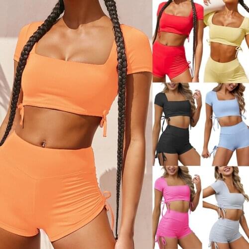 2020 Hot Summer Women Yoga Set Two Piece Sportswear Short Sleeve Tops Shorts Fitness Running Yoga Gym Sports Clothes Tracksuits