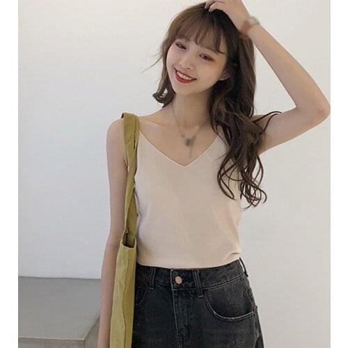 Womens Knitted Camisole Loose Casual Sling Vest Sexy V-neck Sleeveless Top 2020 New Solid Color Tank Top