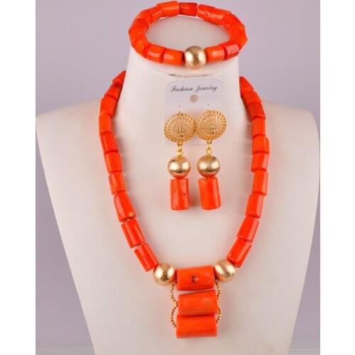 African Beads Nigeria Wedding Jewelry Necklace Set Cylindrical Orange Coral Tube Bead Metal Accessory Jewelry AU-01