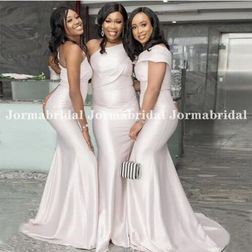 African Women Light Pink Bridesmaid Dresses 2021 Mermaid Satin Long One Shoulder Cap Sleeves Bridal Party Gown Celebrity Dresses