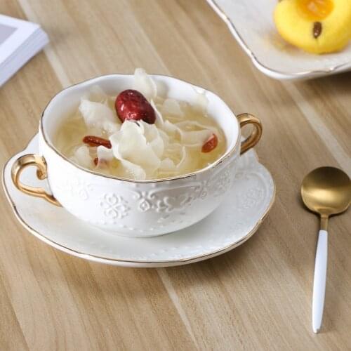 Golden Inlay Elegant Emboss White Ceramic Double Handle Breakfast Cup Dessert Bowl Soup Mug Porcelain Plate Dish Tableware Set