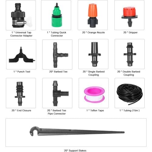 Plant Watering Irrigation Drip Kit Accessories Include Atomizing Nozzle Mister Dripper and Water Pipe 4/7" Tubing Connector