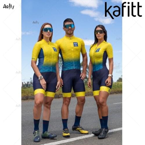 Kafitt Couple Cycling Blue Yellow Triathlon Skinsuit Sets Maillot Ropa Ciclismo Bicycle Jersey Bike Clothing GEL Pad Jumpsuit