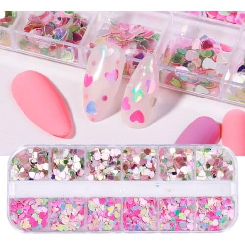 12 Grids/box Laser Love Heart Butterfly Nail Sequins Mixed Color Sparkle Nail Glitter Flakes 3D Nail Art Decorations Accessories