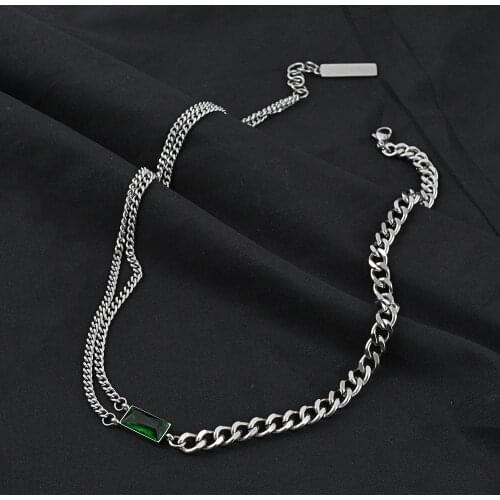 Meetvii New Stainless Steel Link Chain Necklace for Women Square Green Crystal Pendant Choker Necklaces Delicate Jewelry
