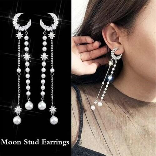 Fashion Korean S925 Sterling Needle Pearl Chain Tassel Pendant Star Moon Long Asymmetric Dangle Earrings