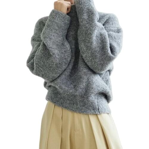 Korean Fashion Knit Pullovers Light Flower Gray/Retro Blue Wool Sweaters Soft Jumper Tops Femme Pull Chic Irregular Hem Design