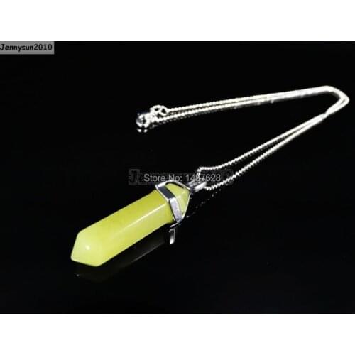 Natural Lemon Ja-de Gems Stones Hexagonal Pointed Healing Reiki Chakra Pendant Beads Silver 17'' Chain Necklace 5 Sets/Pack