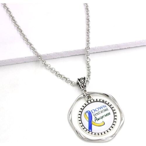 New Arrival Cancer Awareness Jewelry Cabochon Necklace Blue and Yellow Ribbon Down Syndrome Awareness Pendant Necklace Jewellery