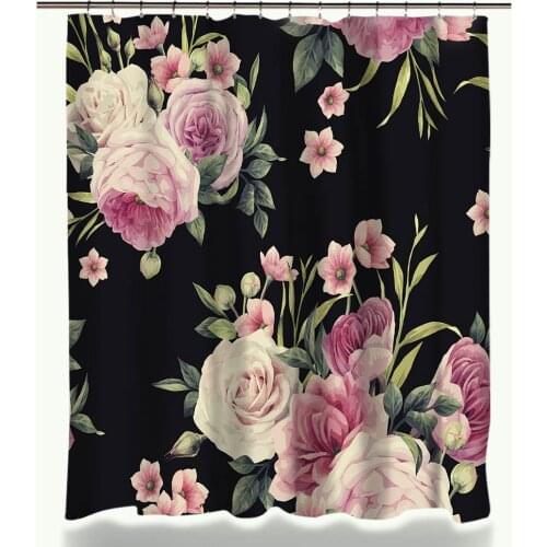 Pastoralism Beauty Colorful Rose Peony Floral Pattern Shower Curtain Set Rectangle Coral Velvet Anti Slip Bathroom Mat