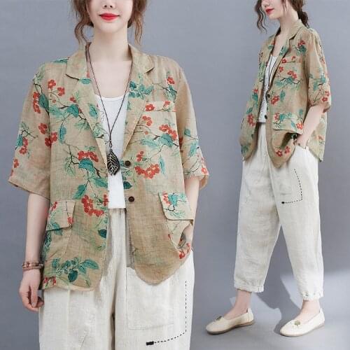 Summer Thin Blazer For Women Vintage Floral Print Fashion Loose Casual Jacket Elegant Single Button Cardigan Female Outerwear