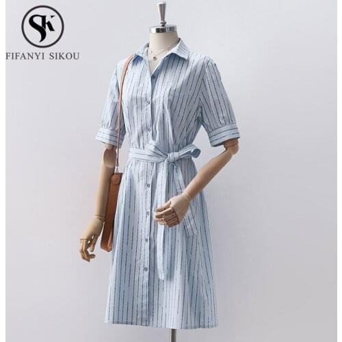 2019 Summer Elegant Shirt Dress women Fashion Letter Print Lace Up Short sleeve Dress Ladies Casual Office Dresses High quality