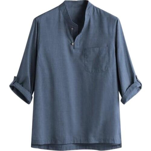 Casual Mens Shirt Summer Breathable cotton Shirts Social Loose Solid Color Tops Blouse Button Pocket 3/4 Sleeve Chemise Camiseta