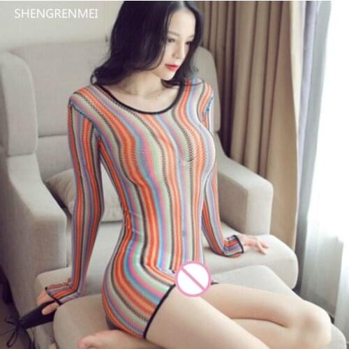 SHENGRENMEI Colorful Lingerie Cosplay Women Long Sleeves Dress Fashion Stripe Sleepwear Female Babydolls Nightdress Sexy Erotic
