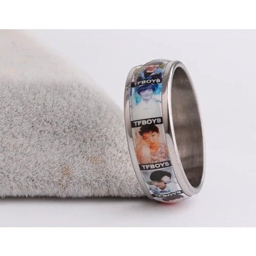 Wide 6mm TFBOYS photo drop oil 316L Stainless Steel finger rings for men wholesale