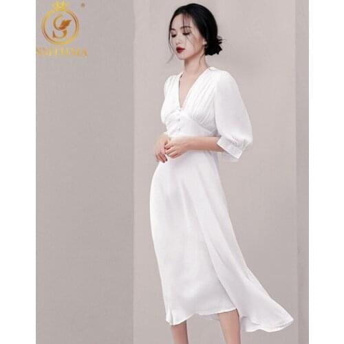 SMTHMA 2020 Summer Deep V-Neck White Casual Dress Women Solid Color Puff Sleeve Pleated Dress Vestido