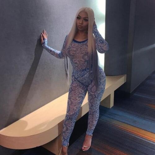 Mesh Hot Sexy Transparent Two Piece Set Women Print Fashion 2019 Skinny Outfits Long Sleeve Bodysuit And Pants Sets New