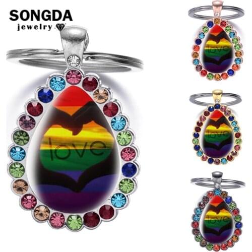SONGDA Love is Love Rhinestone Car Keyring Woman More Love Less Hate Theme Hotel Room Keychains Water Drop Pride Rainbow Gift