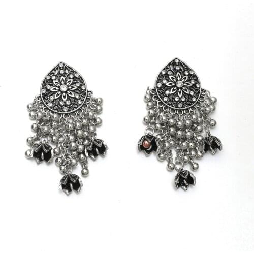 Vintage Silver Color Metal Flower Drop Dangle Earrings Oxidized Jewelry Big pendientes Bells Long Tassel Indian Jhumka Earring