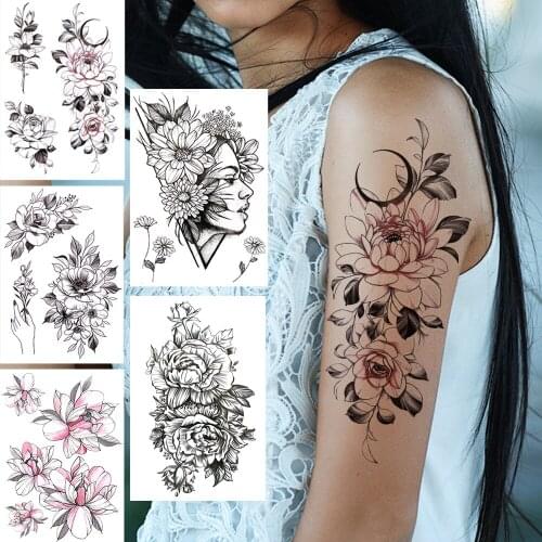 Lotus Peony Flower Temporary Tattoos For Women Girls Carnations Orchid Rose Tattoo Sticker Black Fake Forearm Tatoos Realistic