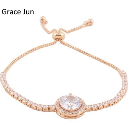 Grace Jun(TM) High Quality Bridal AAA CZ Round Bracelet for Women Wedding Copper Plated 2 Color Choose Adjustable Chain Bracelet